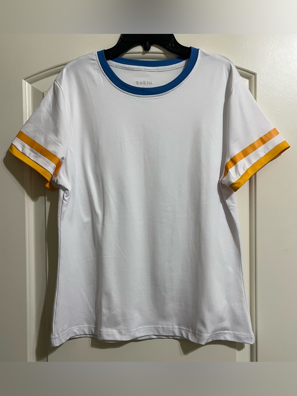 SHEIN White Short Sleeve Tee with Blue Neckline and Yellow Sleeve Stripes Large
